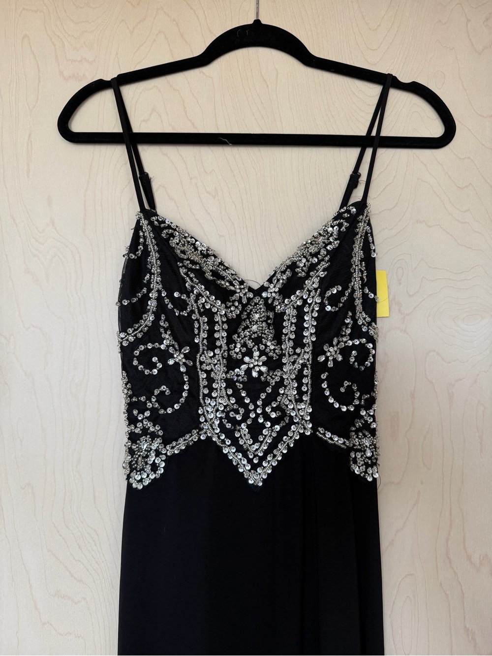 90s Style Retro Black Beaded Spaghetti Strap Evening Dress Gown
